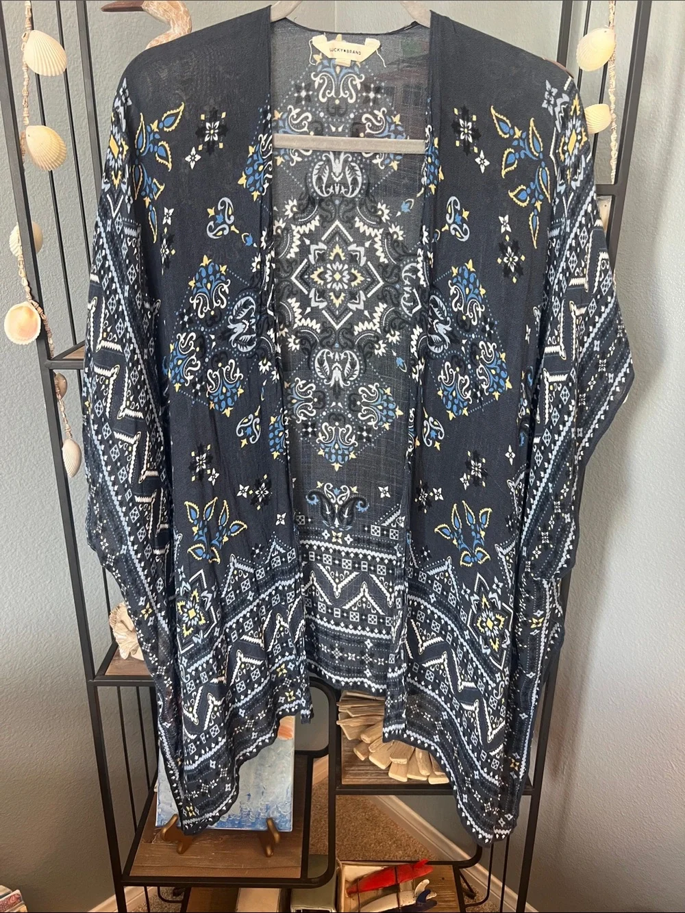 Like New Lucky Brand Blue Open-Front Kimono with Black and white Paisley Print